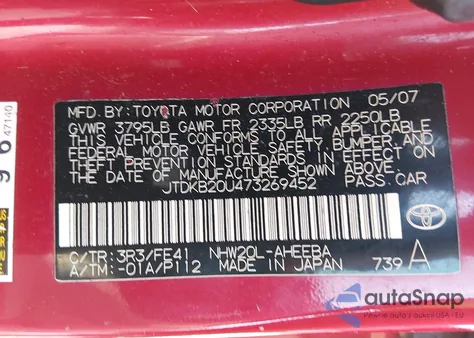 2007 Toyota Prius Touring z USA, uszkodzony, nr VIN JTDKB20U473269452